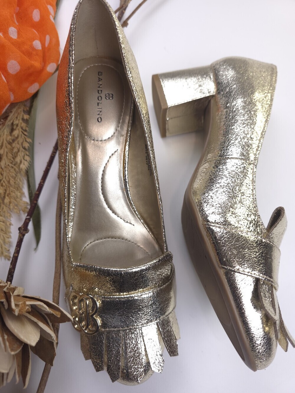 Bandolino Gold Metallic Fringe Block Heel Pumps Sz 7.5 - Picture 2 of 8
